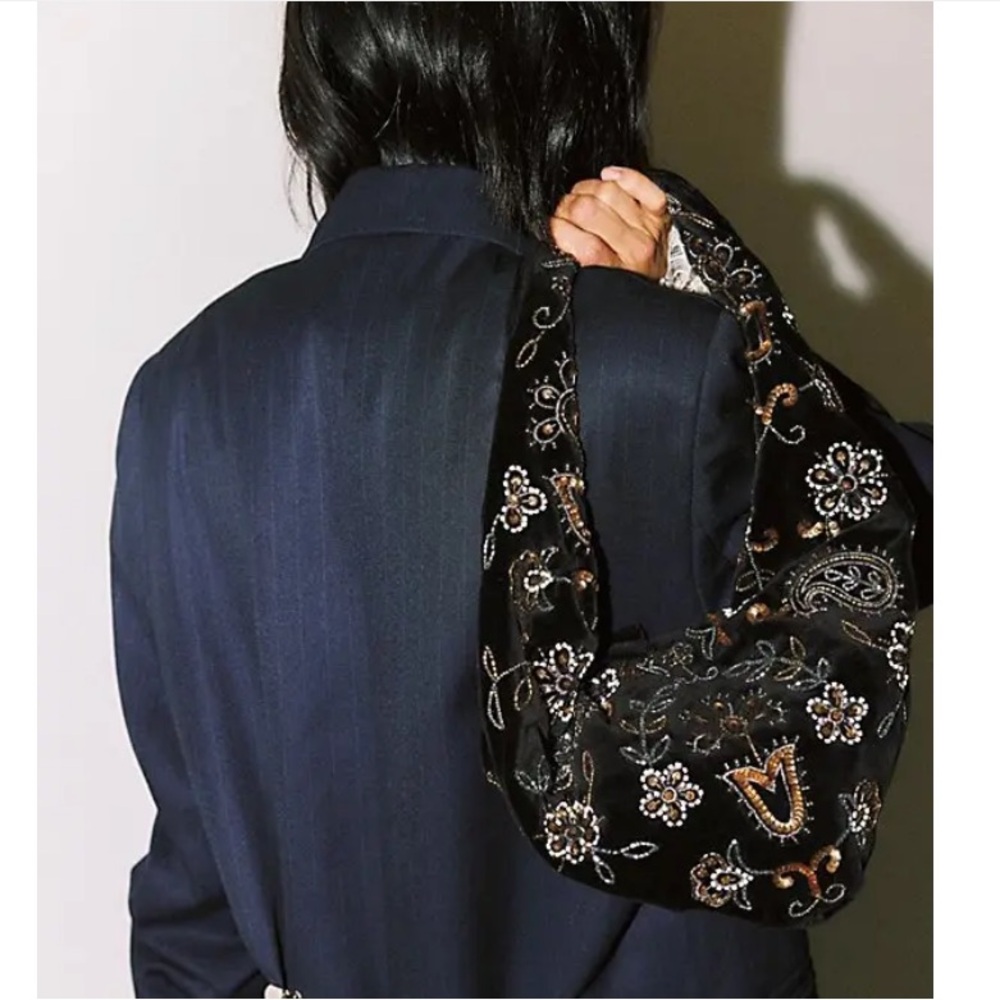 Free People Nashville Nights Beaded Black Velvet Shoulder Bag - Picture 4 of 12